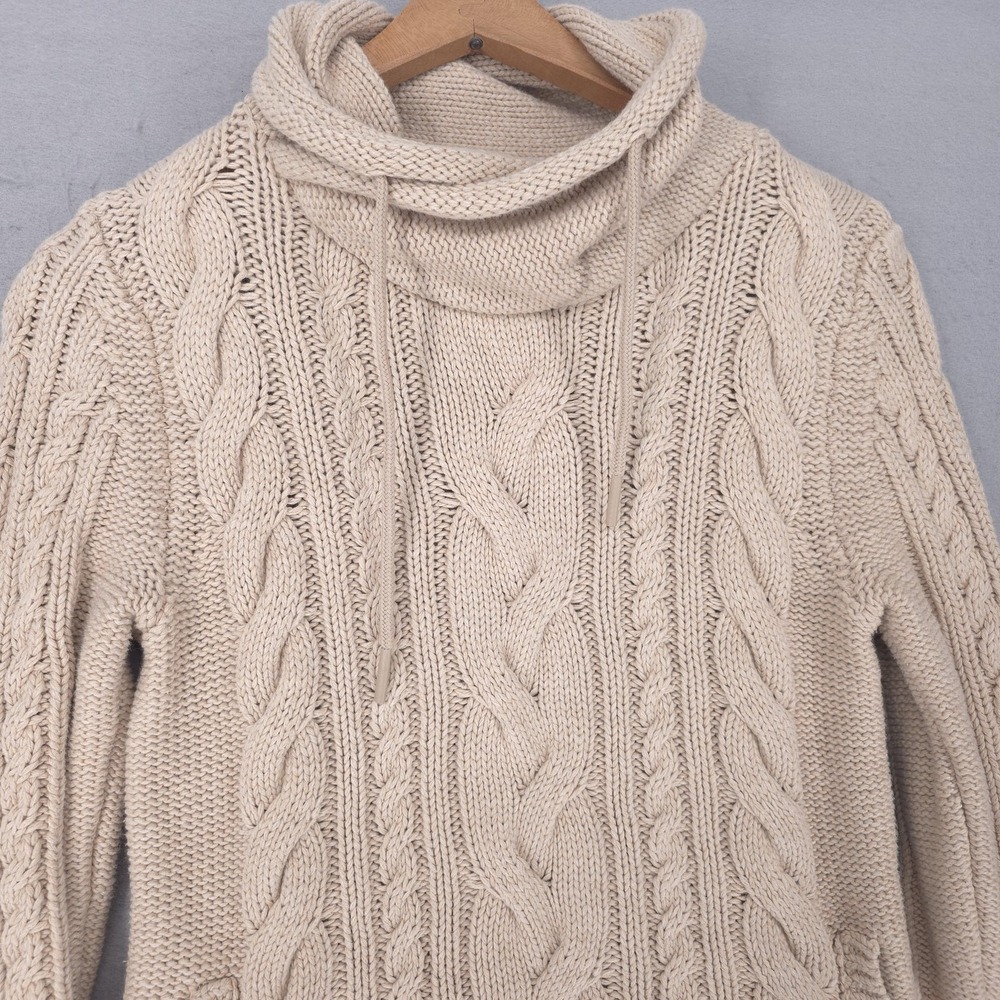 L.L.Bean Sweater Womens XS Cream Cotton Cable Knit Cowl Neck Pockets Pullover - Picture 2 of 8